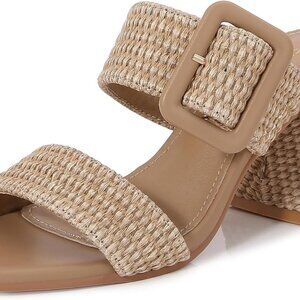 Women's Raffia Slide Sandals Chunky Heels Open Toe Two Strap Mules